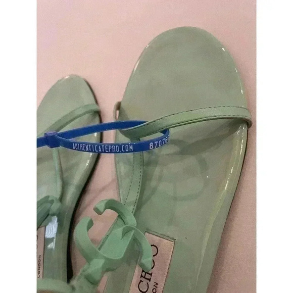 JIMMY CHOO Alodie Flat Nappa Patent Leather Sandals T Strap Logo Mint Green 9 39 - Picture 11 of 16